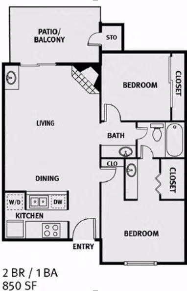2 Bedroom 1 Bathroom 112 floor plan